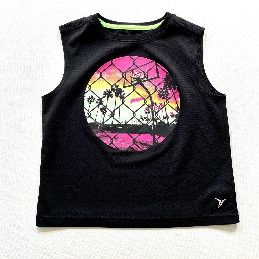 Old Navy Tank Top Boys Xs 5y Black Go-Dry Neon Basketball Graphic Active Muscle